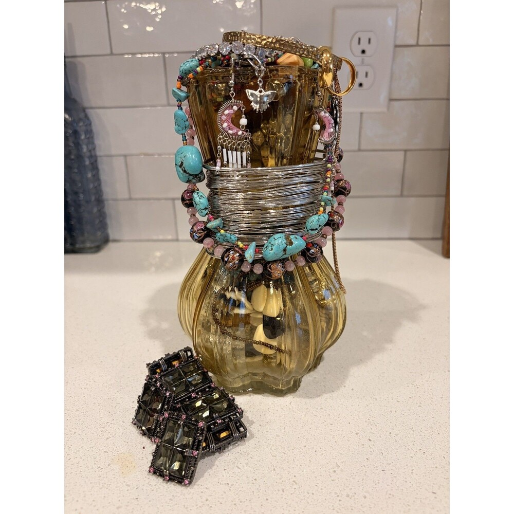 Vtg Mystery Jewelry Jar Mixed Metal Gold & Silver Tone turquoise boho oriental